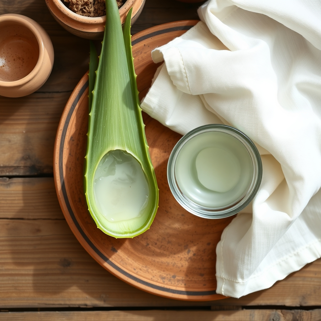 A cut aloe vera leaf showing its clear gel beside a small bowl of aloe gel and a cotton cloth