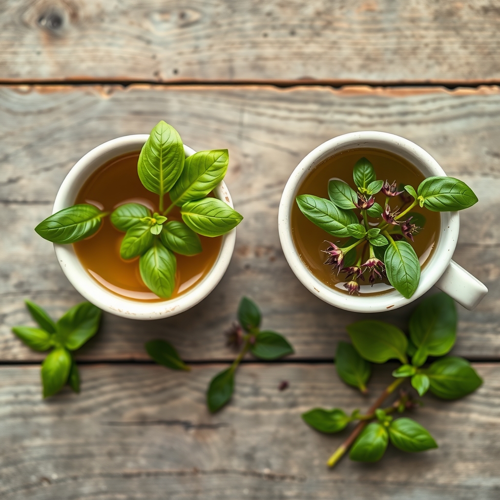Two cups of basil tea side by side, one with sweet basil leaves and one with holy basil sprigs