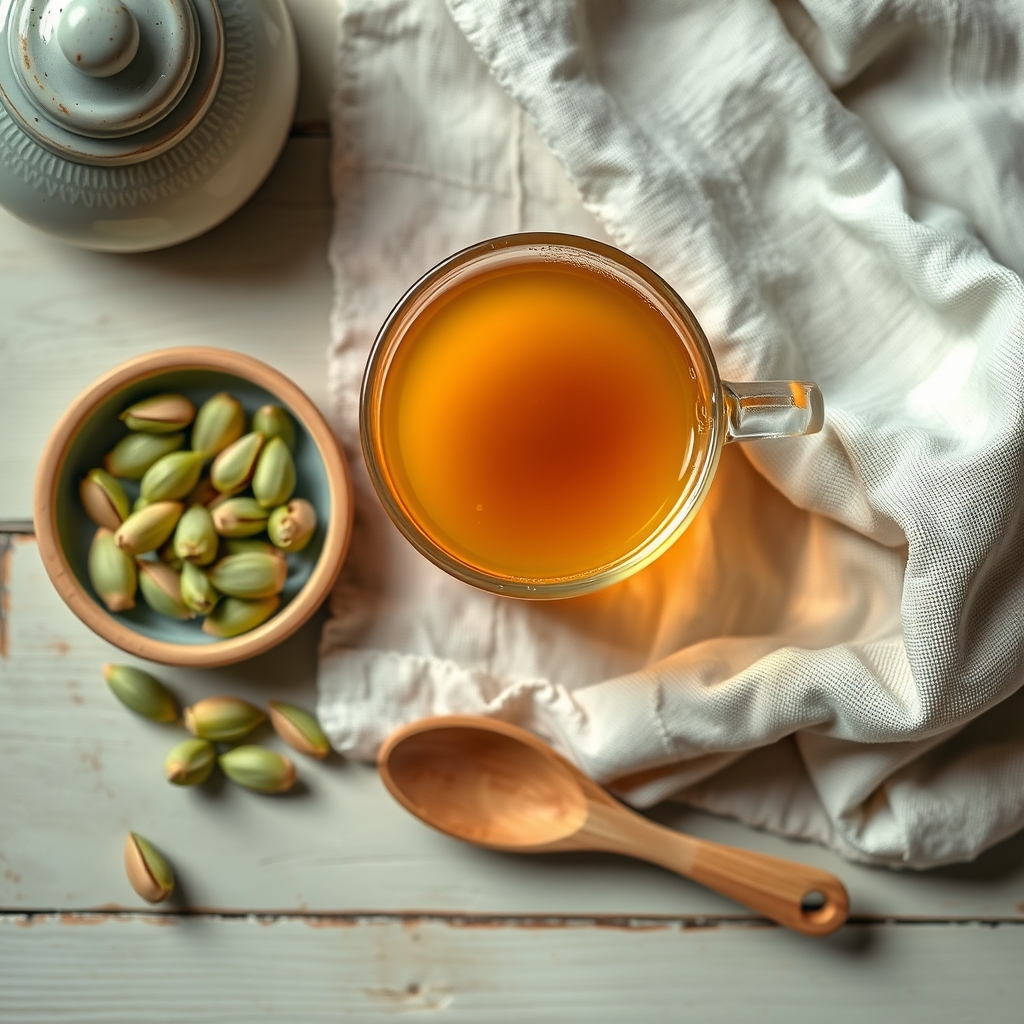 A small glass of cardamom tea next to a bowl of green cardamom pods and a few crushed pods