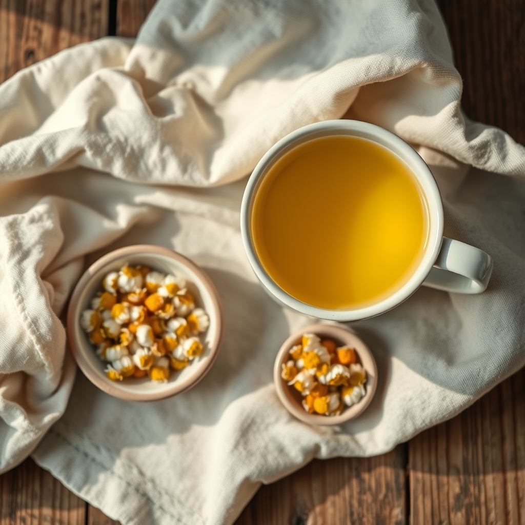A cup of pale golden chamomile tea next to a small bowl of dried chamomile flowers