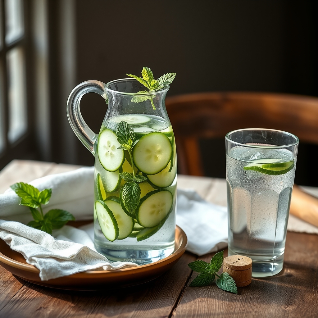 A glass jug of water with cucumber slices and mint sprigs next to a full glass