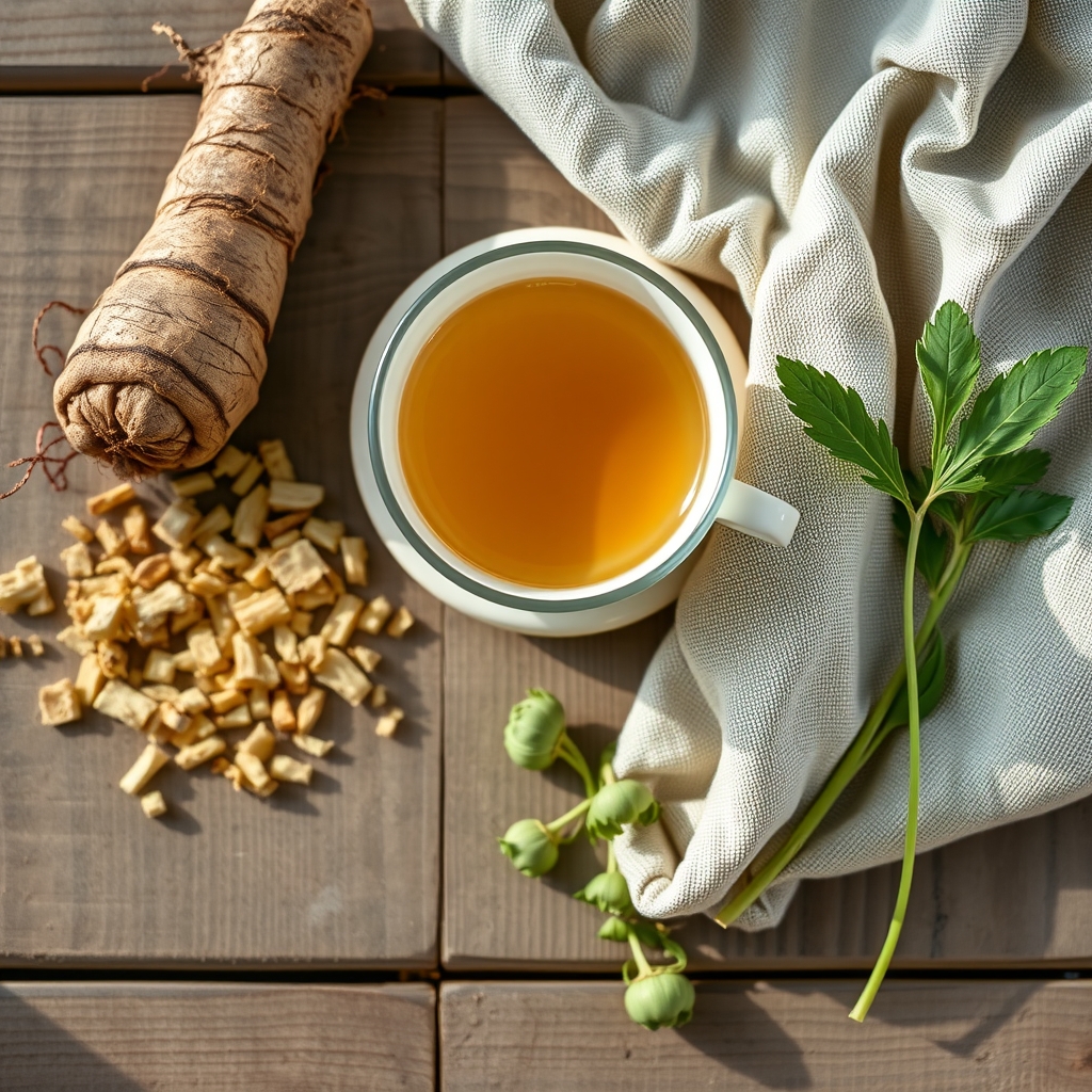 A cup of amber dandelion tea with dried dandelion root and fresh leaves