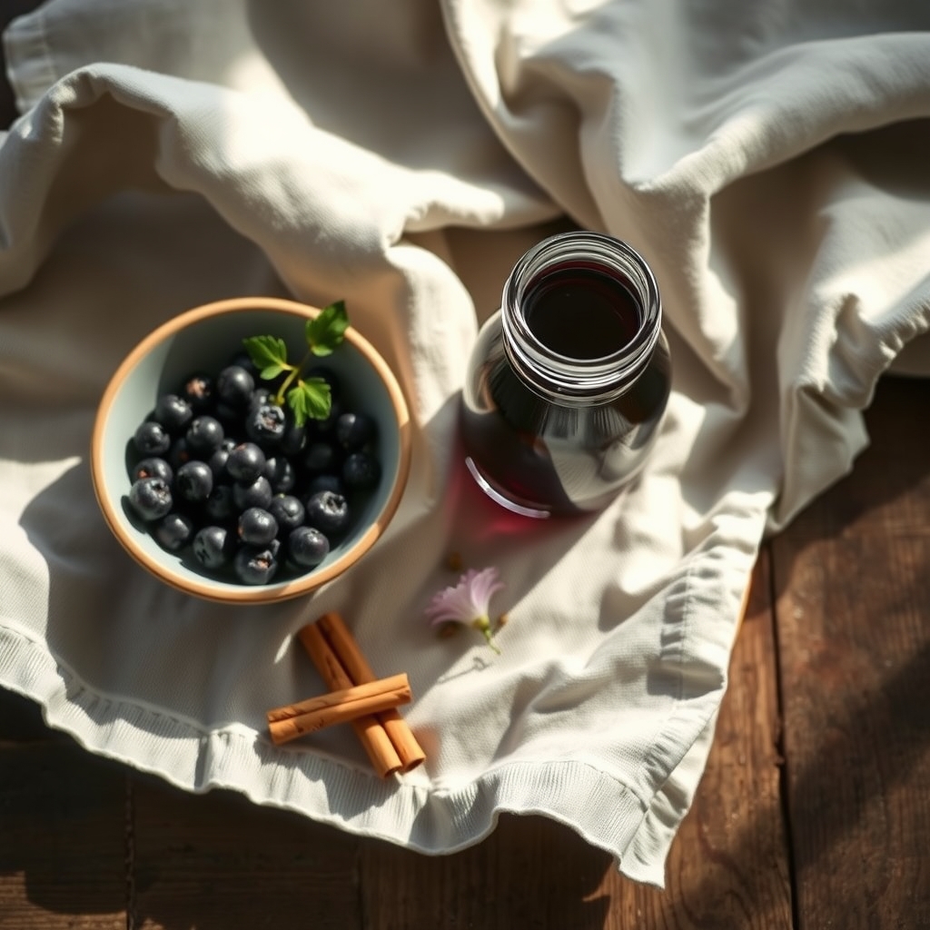 A glass jar of dark elderberry syrup next to a bowl of dried elderberries and a cinnamon stick