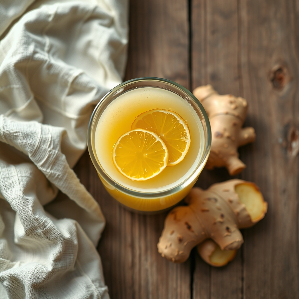 A glass cup of ginger tea beside thin slices of fresh ginger root