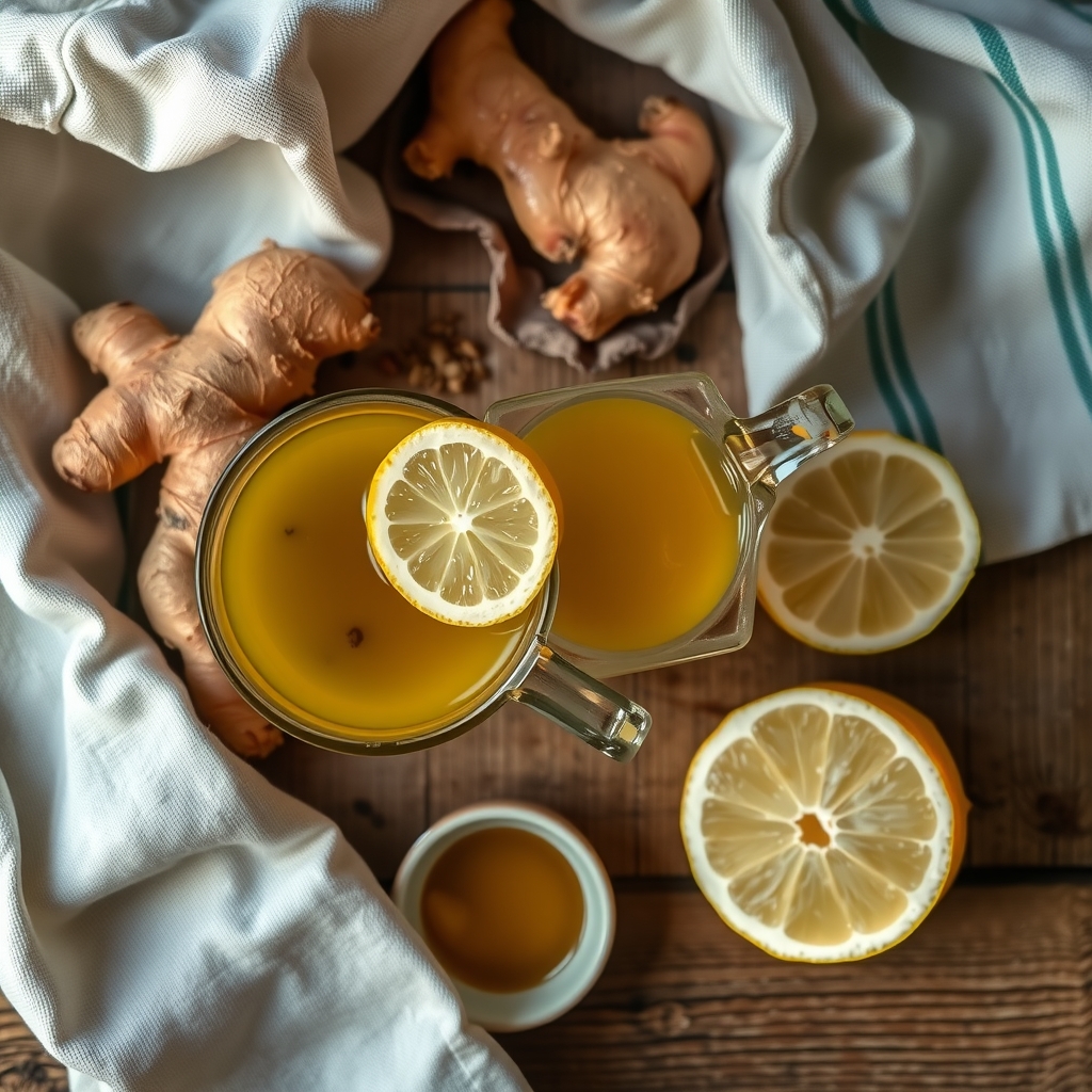 A mug of ginger tea with a lemon slice beside fresh ginger root, a halved lemon and a small bowl of honey