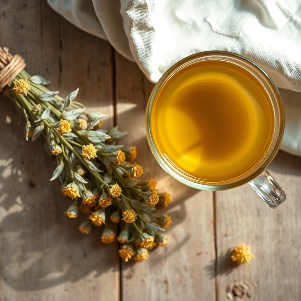 A glass of pale golden mountain tea next to a bundle of dried Sideritis stems with yellow flowers