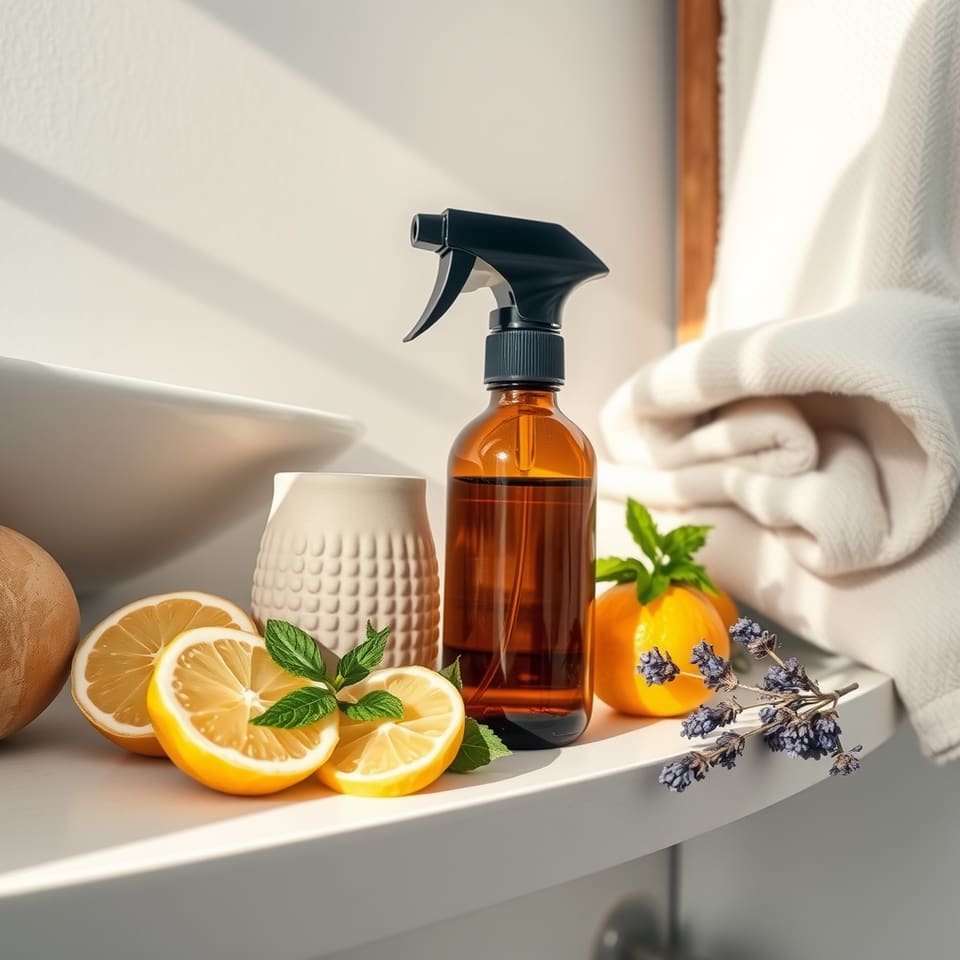 A small amber spray bottle with lemon slices, fresh peppermint and dried lavender on a bathroom shelf