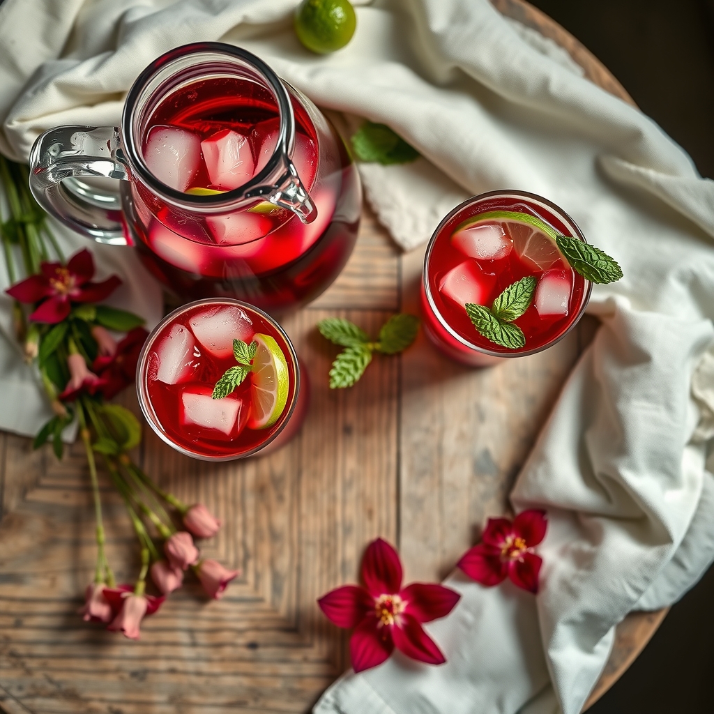 Glasses of red hibiscus iced tea with ice, lime and mint beside dried hibiscus flowers