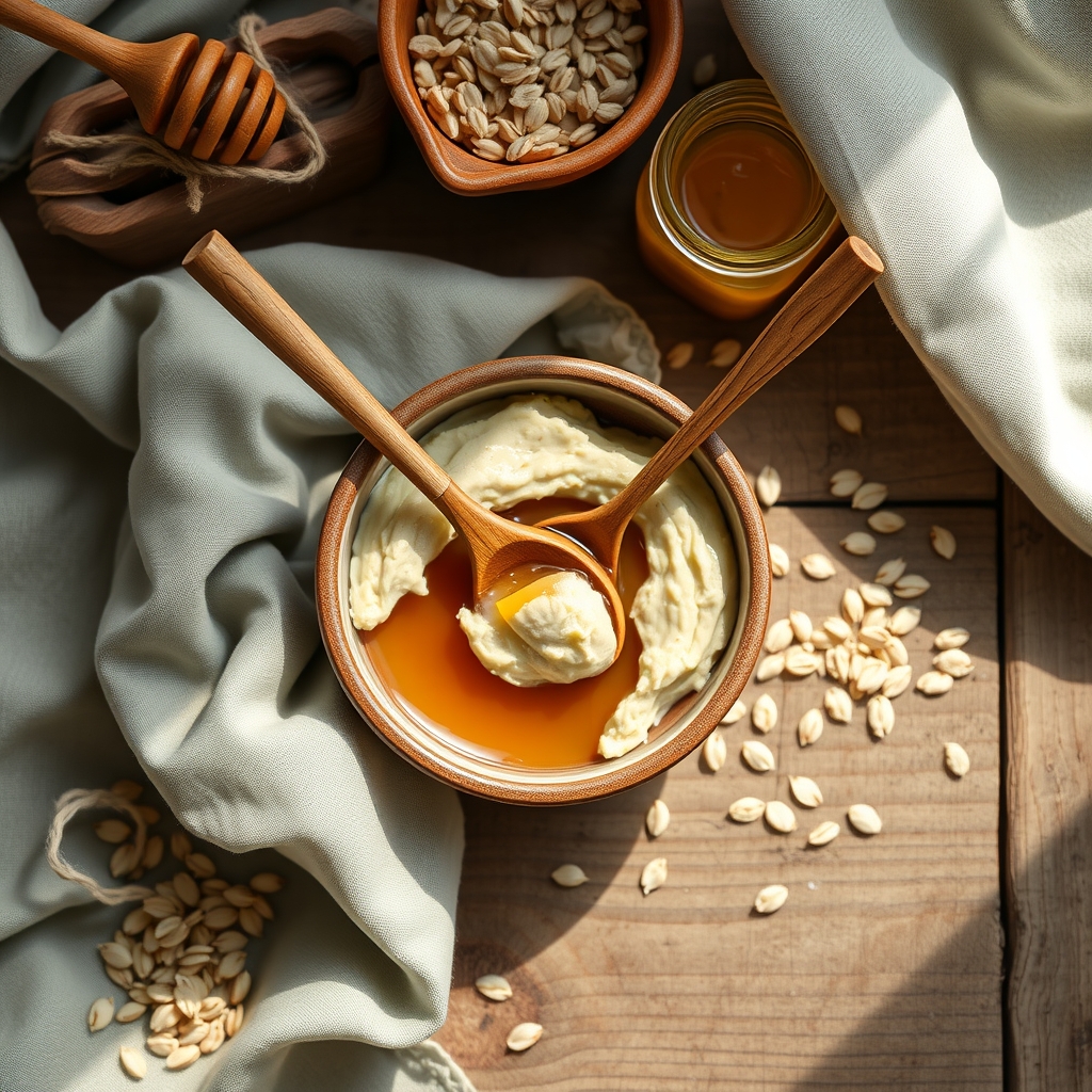 Μικρό μπολ με πάστα από μέλι και αλεσμένη βρώμη δίπλα σε βάζο με μέλι και λίγη νιφάδα βρώμης