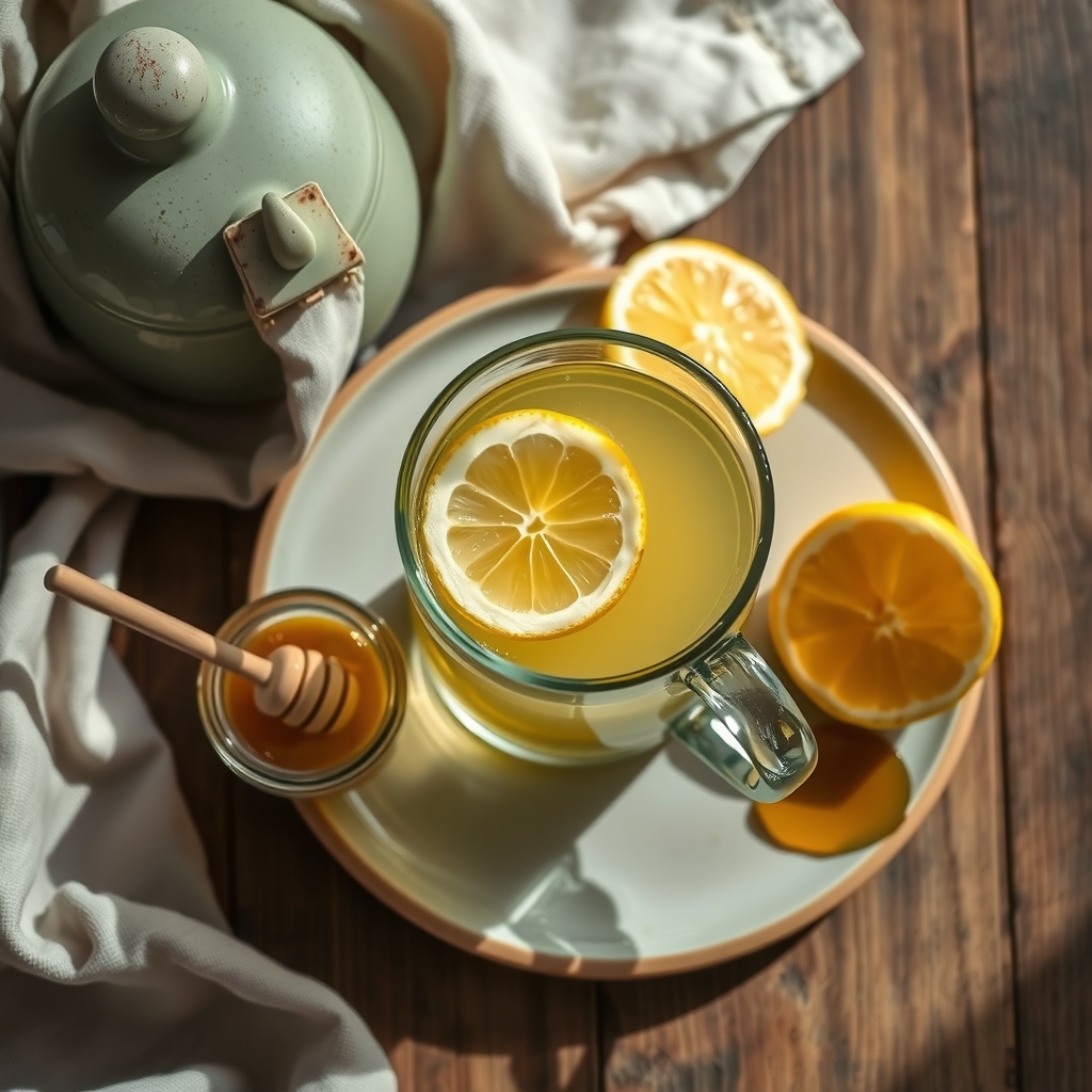 A mug of warm honey and lemon water next to a halved lemon and a small jar of honey
