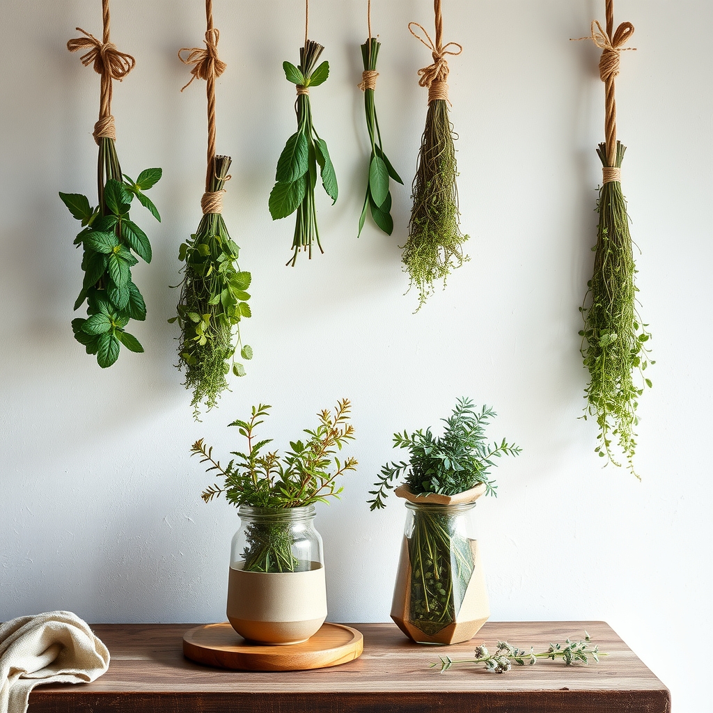 Bundles of fresh herbs hanging upside down to dry above jars of dried herbs