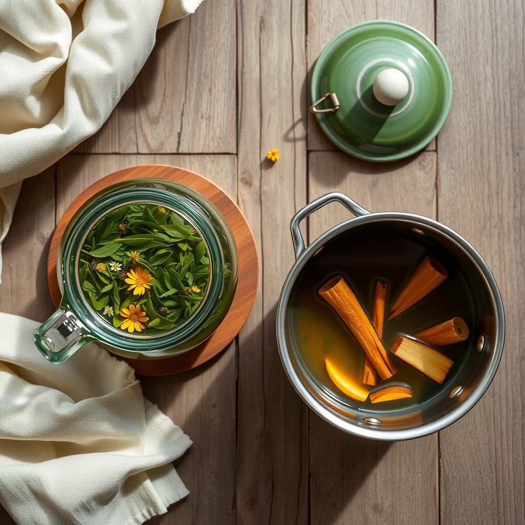 A glass teapot of steeping leaves beside a small saucepan of simmering ginger and bark