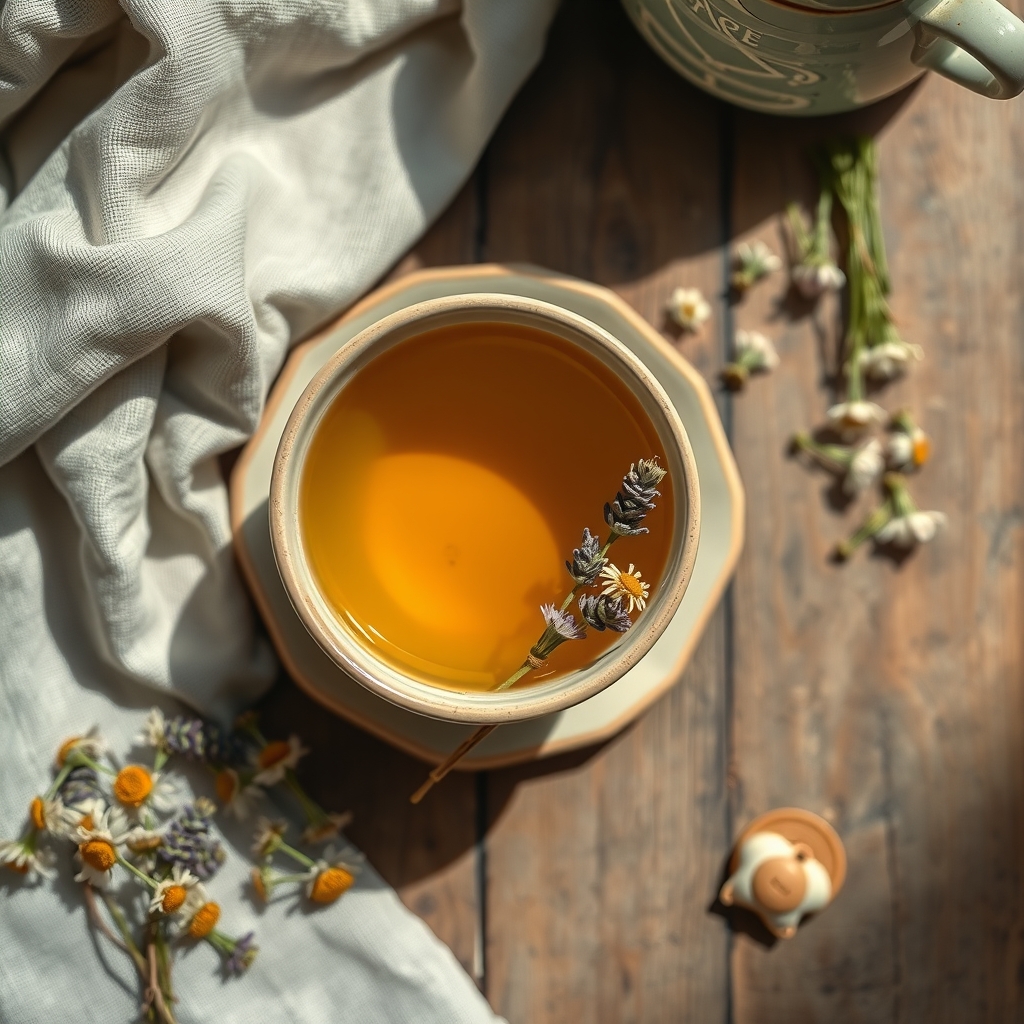 A cup of golden chamomile tea surrounded by dried chamomile flowers and lavender buds