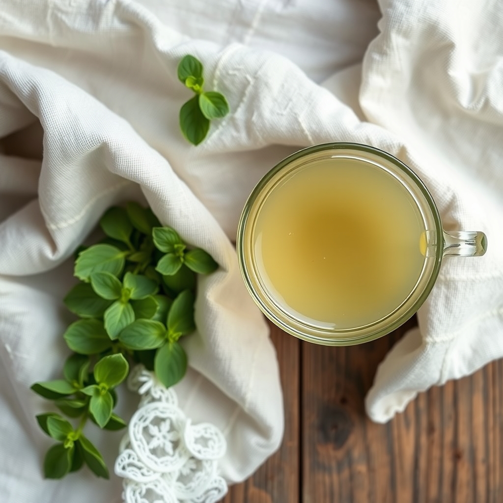 A glass cup of pale lemon balm tea next to fresh lemon balm leaves