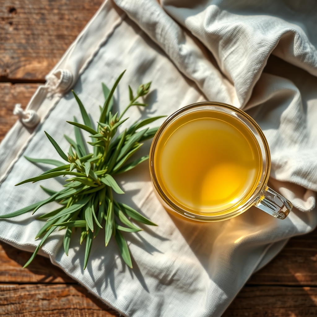 A glass cup of pale lemon verbena tea next to a sprig of fresh lemon verbena leaves