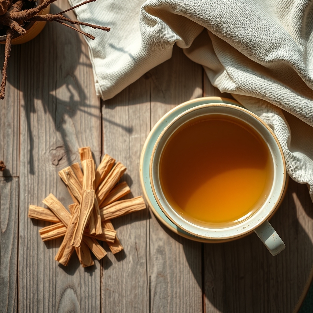 A cup of golden licorice root tea next to dried cut licorice root