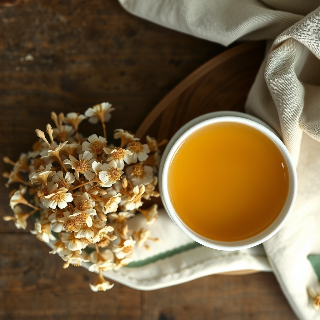 A cup of pale amber linden tea beside dried linden flowers and bracts