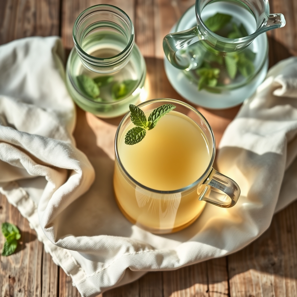 A glass mug of pale mint tea beside a carafe of water on a wooden table