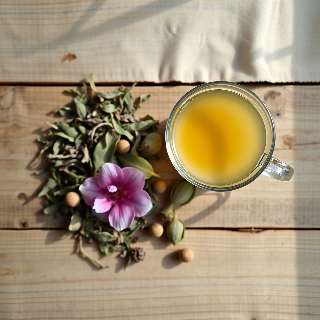 A cup of pale mallow leaf tea next to dried and fresh round mallow leaves and a purple mallow flower