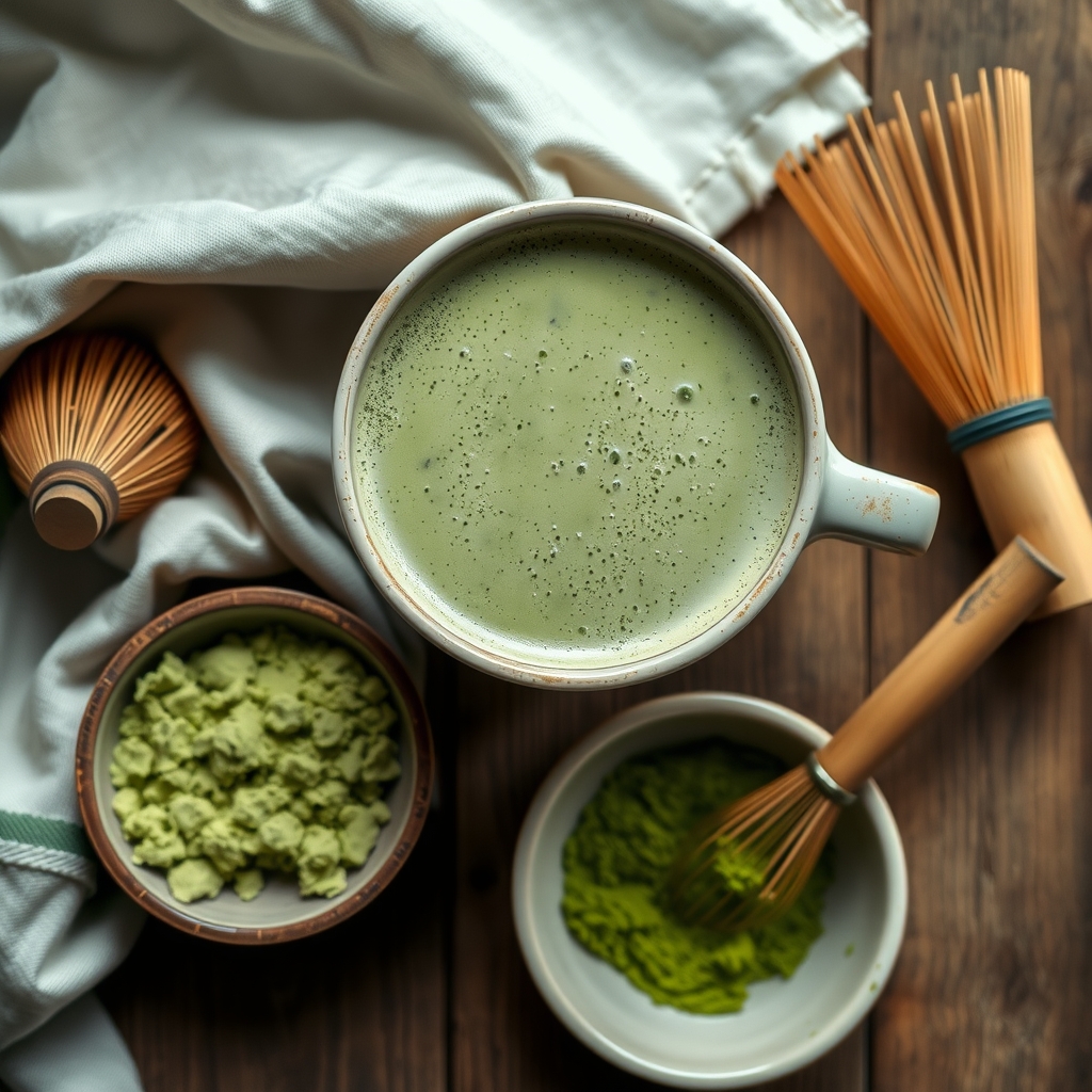 A cup of frothy matcha latte beside a bowl of green matcha powder and a bamboo whisk