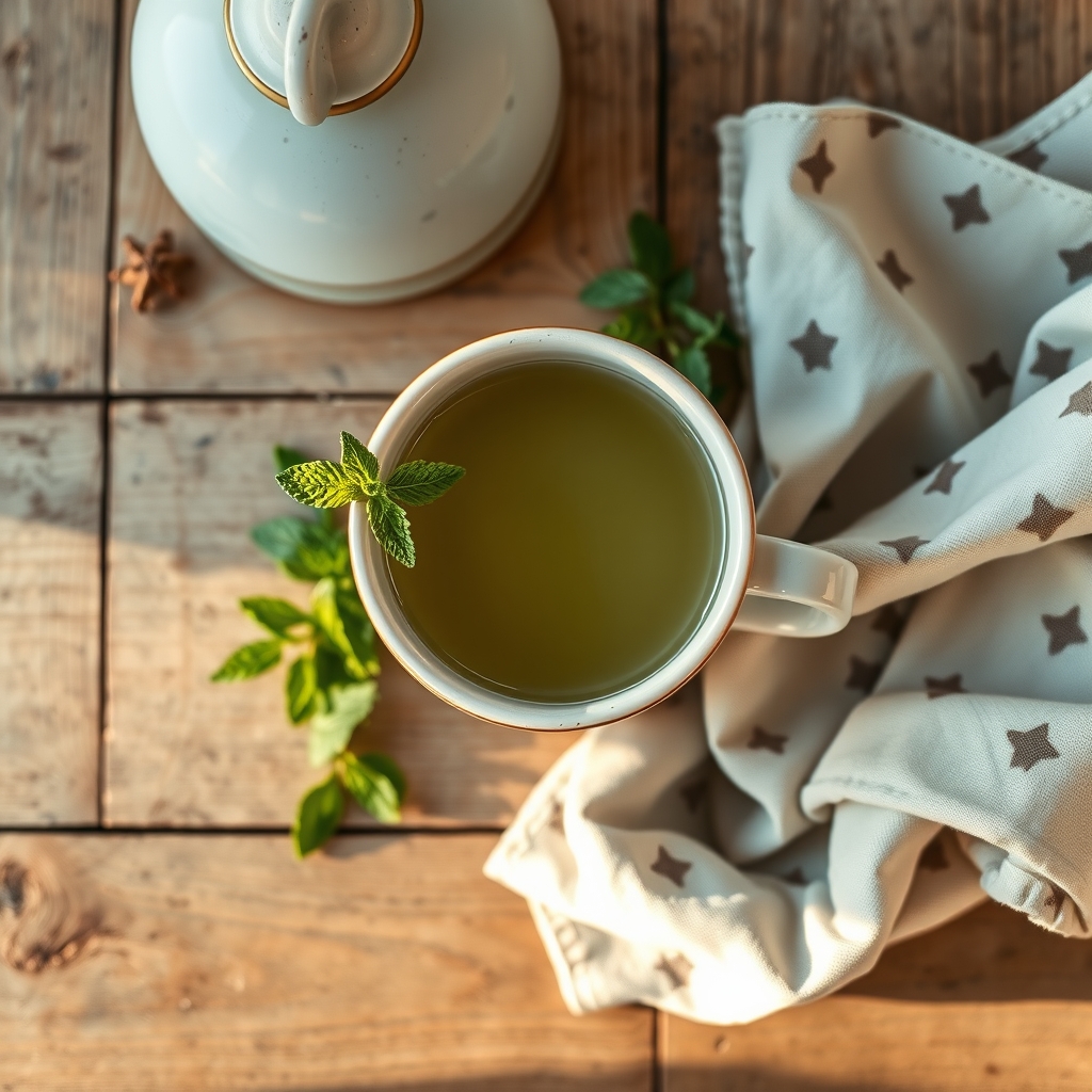A mug of fresh mint tea with a sprig of mint on a wooden table in evening light