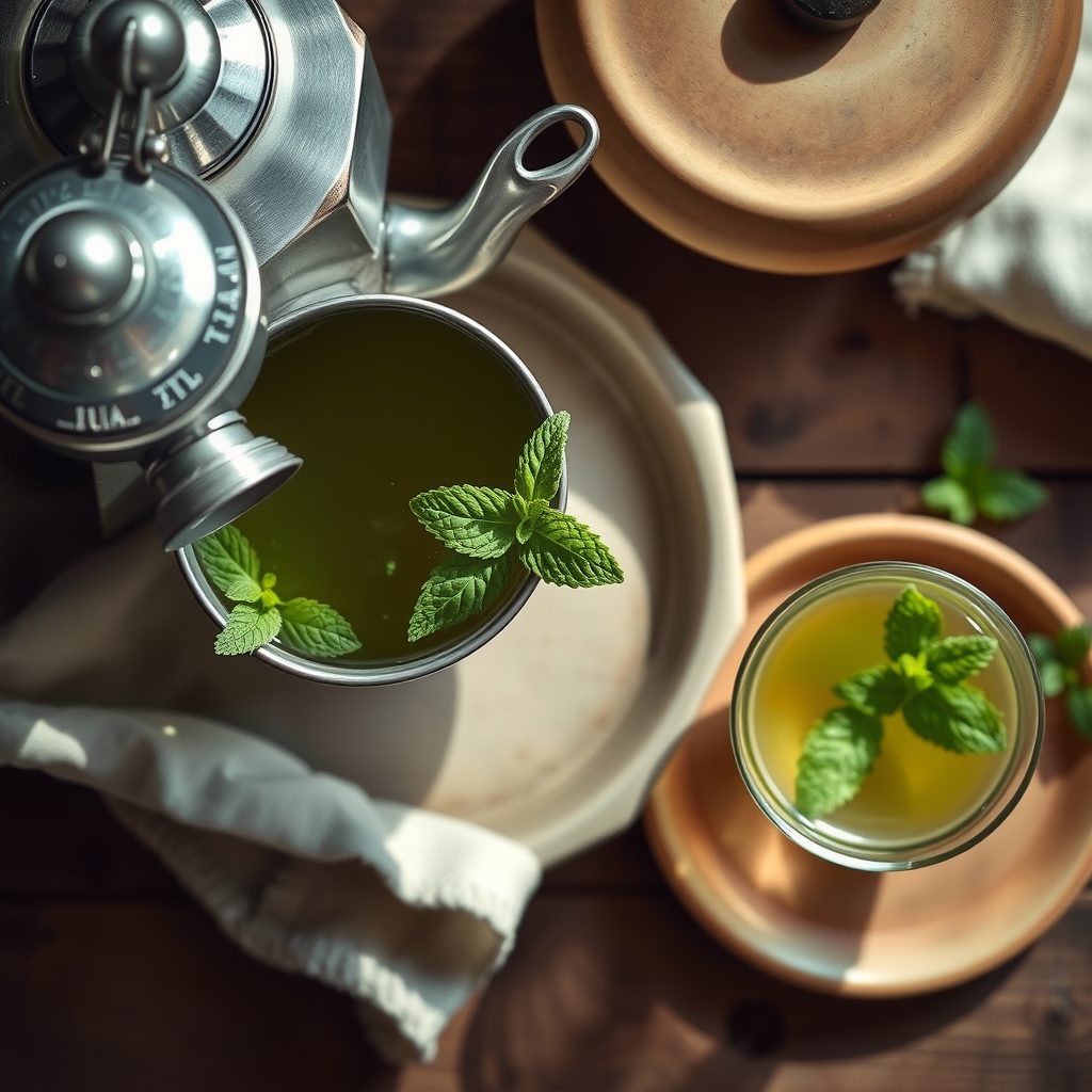 A teapot and small glasses of mint green tea surrounded by fresh mint sprigs