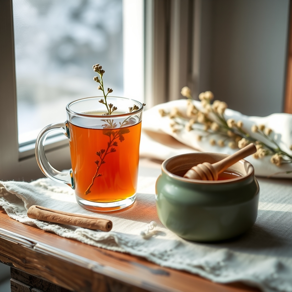 A glass mug of amber mountain tea with dried sprigs, a cinnamon stick and a jar of honey