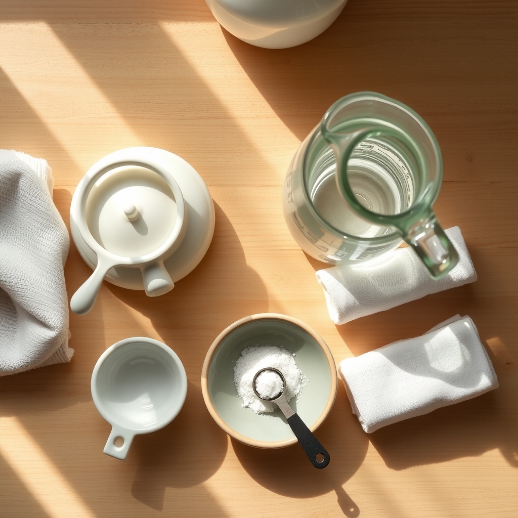 A ceramic neti pot next to a jug of water, a small bowl of salt and a teaspoon