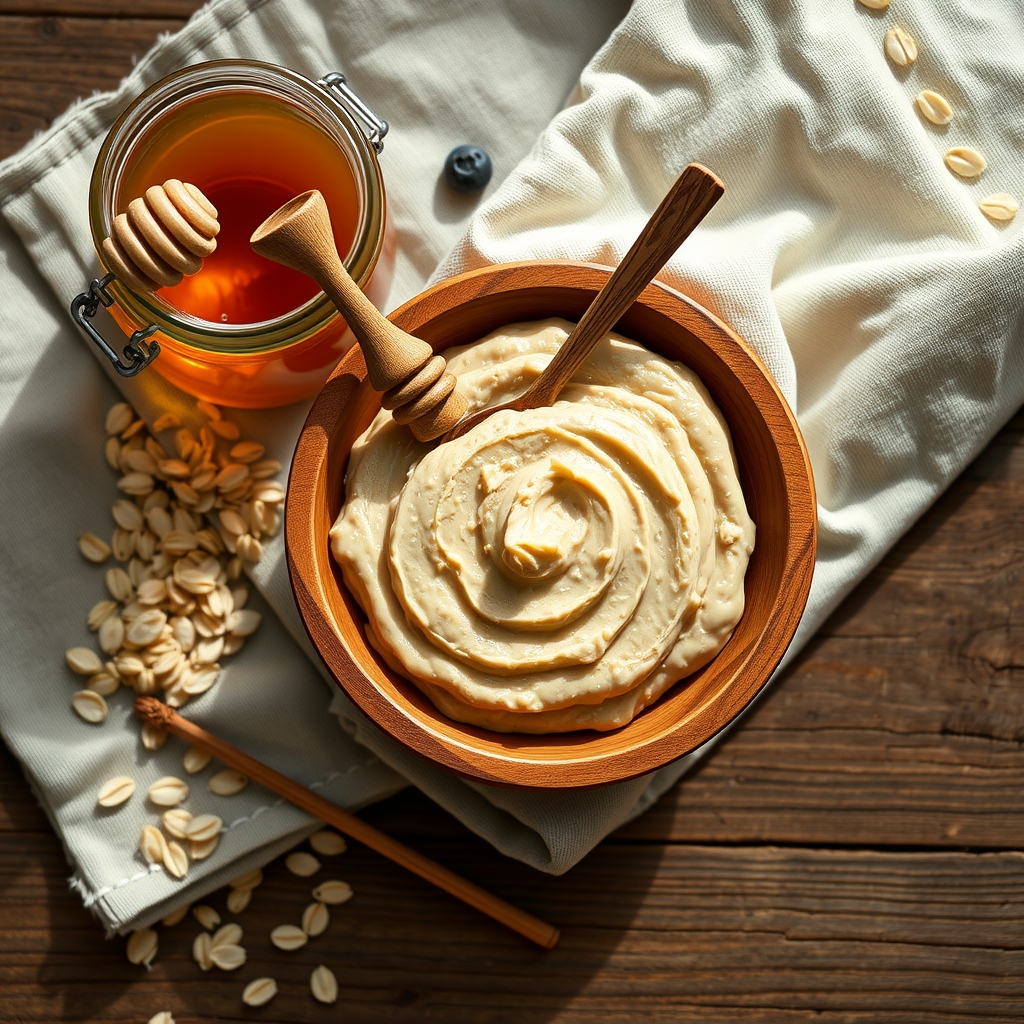 A small bowl of oatmeal and honey scrub beside a jar of honey and loose rolled oats