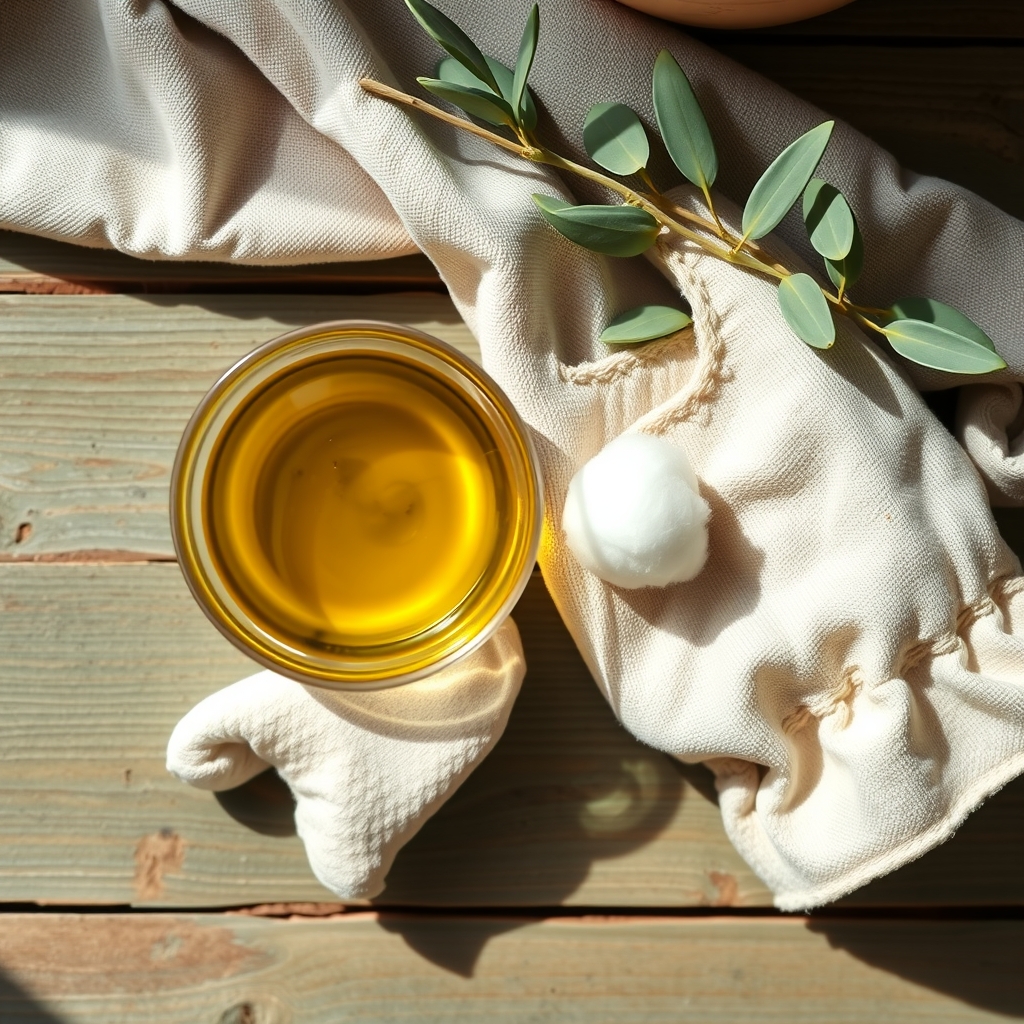 A small glass dish of olive oil with a cotton bud, a folded cotton glove and a sprig of olive leaves