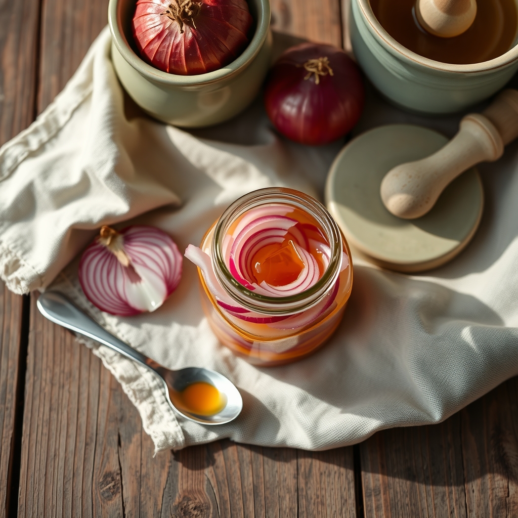 A small glass jar of sliced red onion layered with honey, with a spoon and half an onion beside it