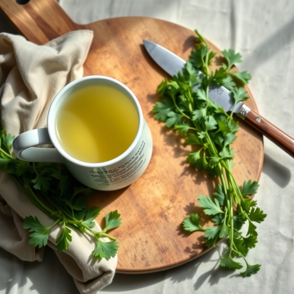 A mug of pale green parsley tea next to a bunch of fresh flat-leaf parsley on a chopping board
