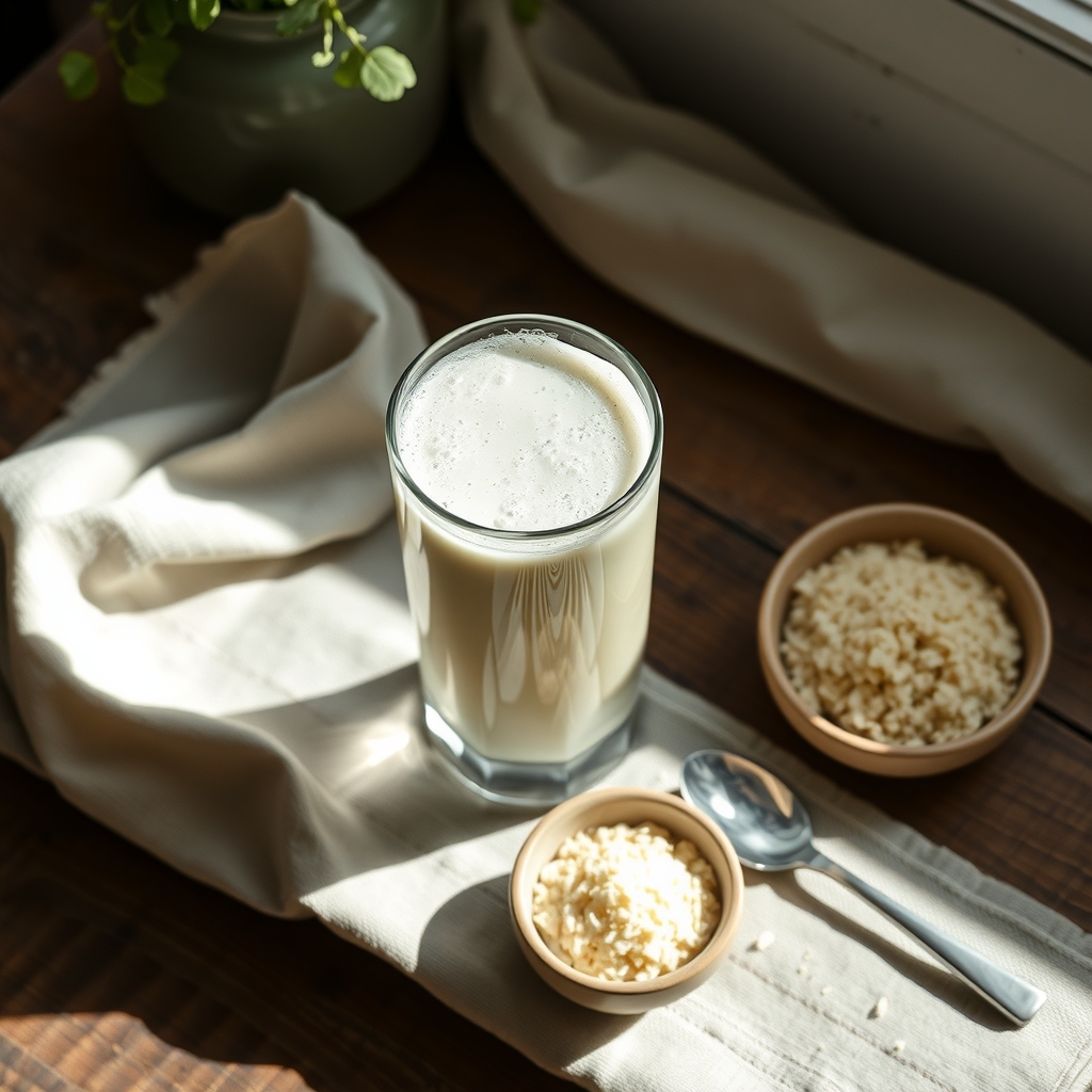 A tall glass of psyllium husk drink next to a small dish of psyllium husk and a spoon