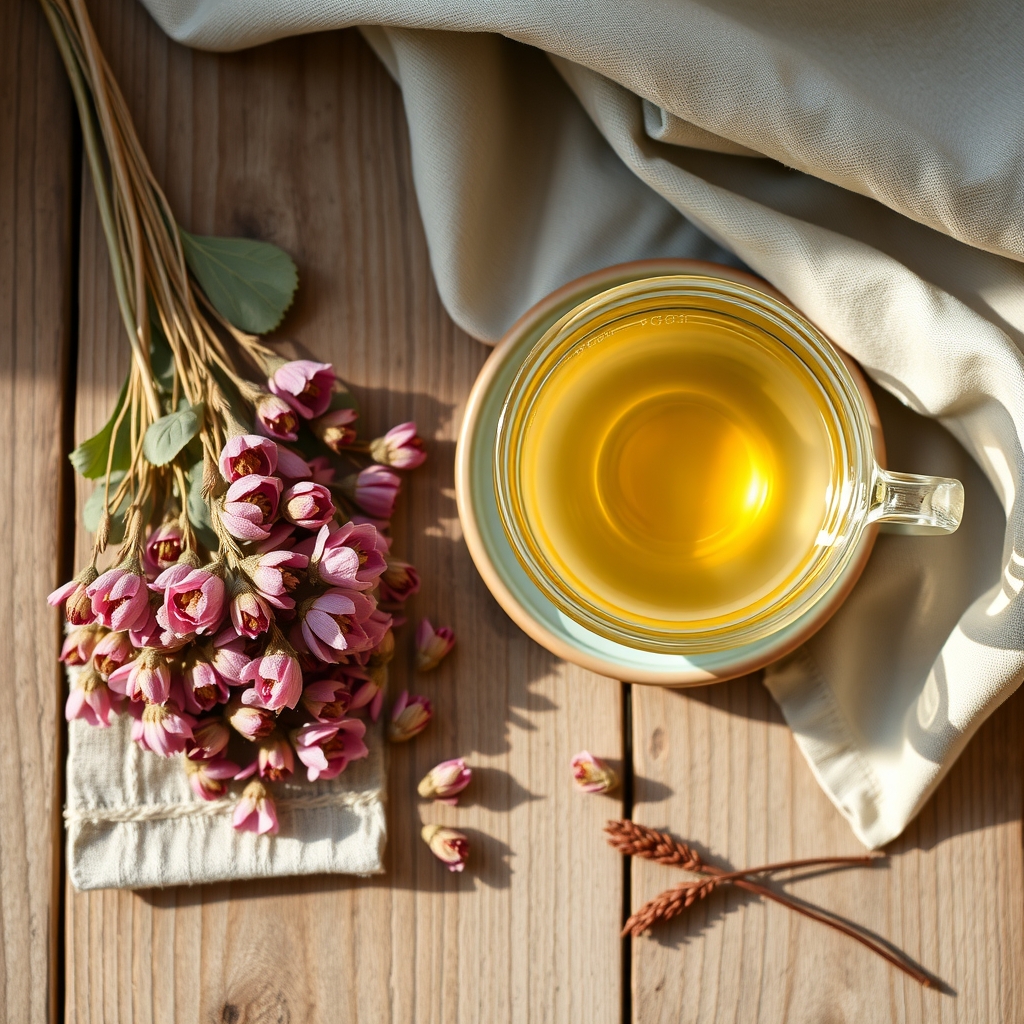 A glass cup of pale golden red clover tea next to dried and fresh red clover blossoms