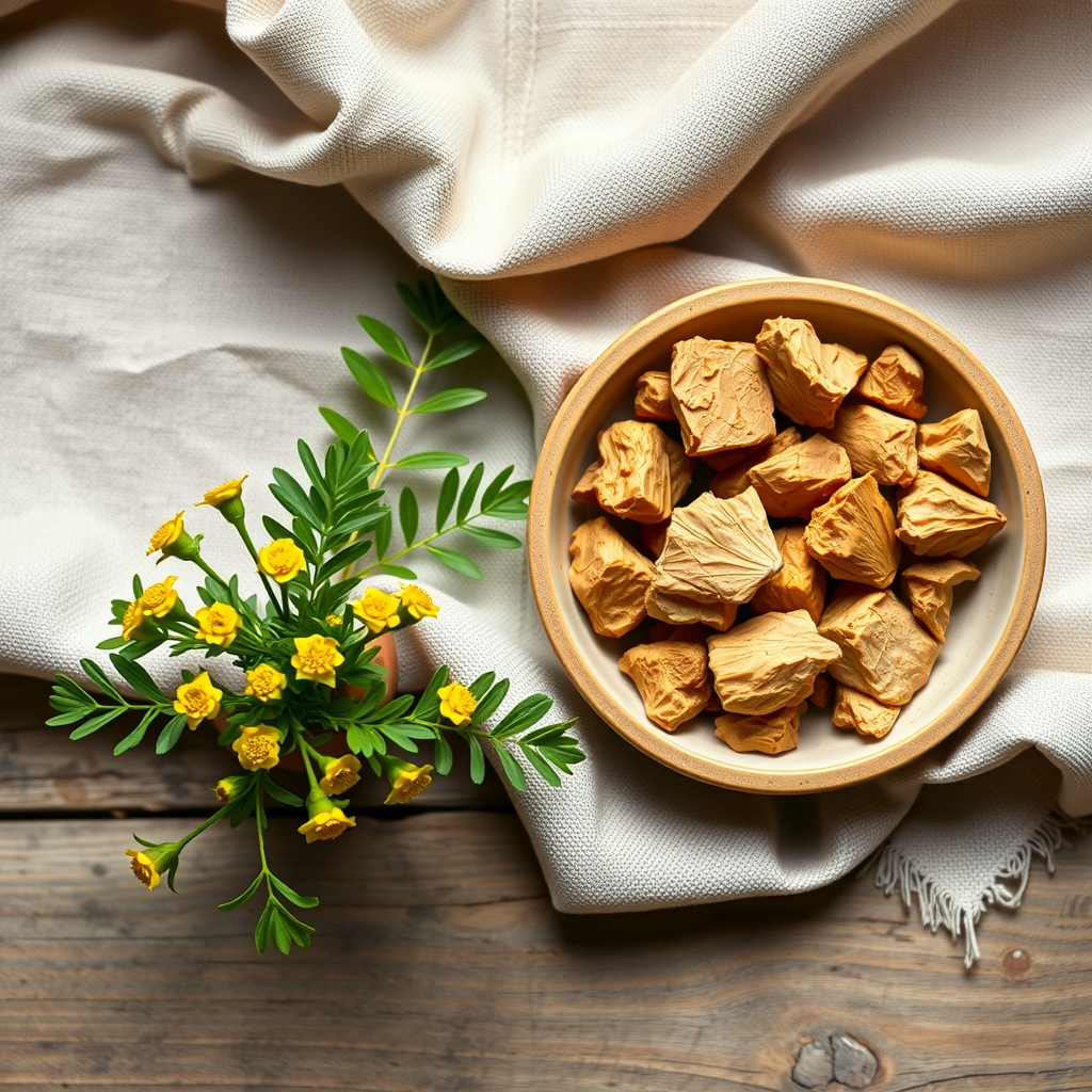 Dried rhodiola root pieces in a small bowl beside a rhodiola plant with yellow flowers