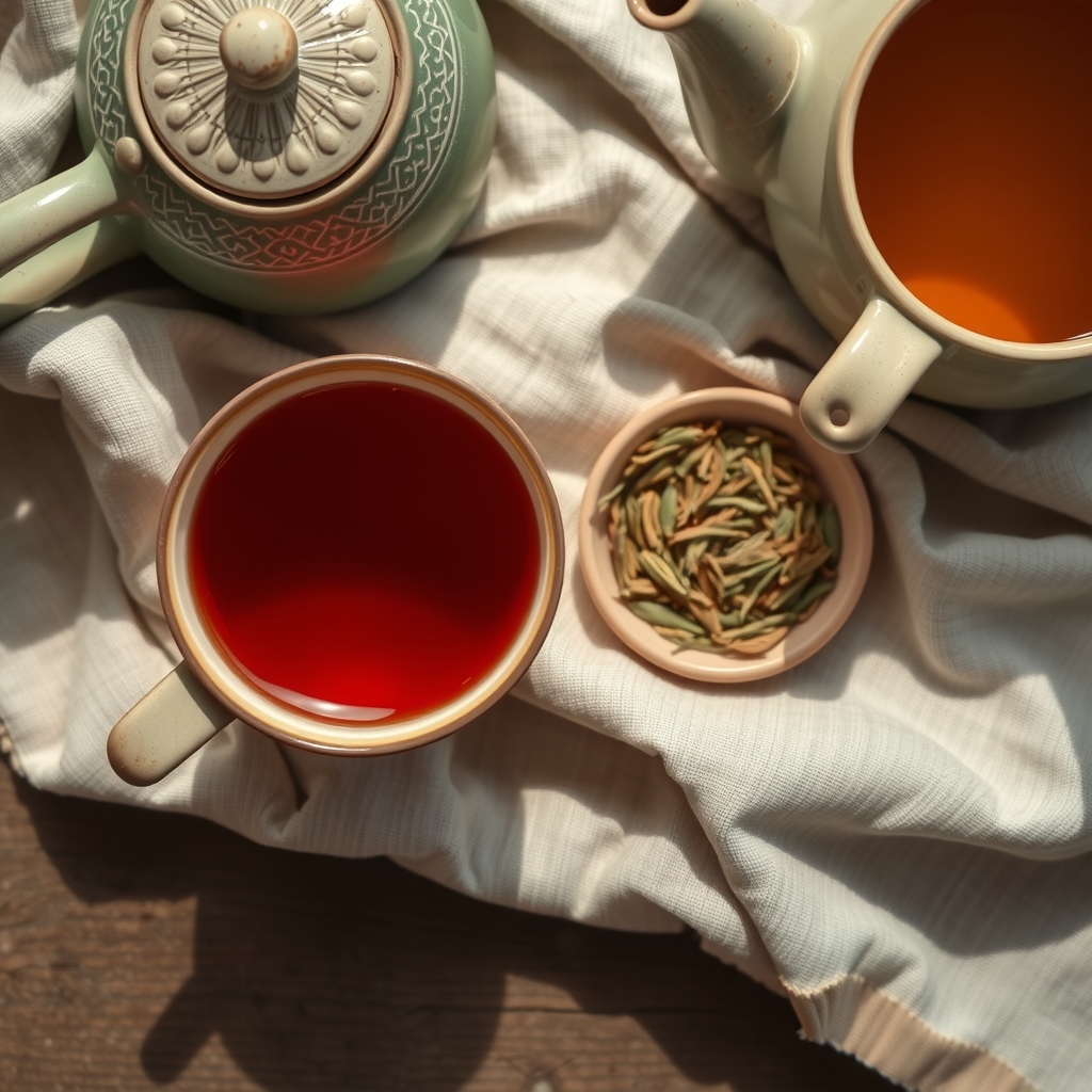 A cup of amber rooibos tea next to a bowl of loose rooibos leaves