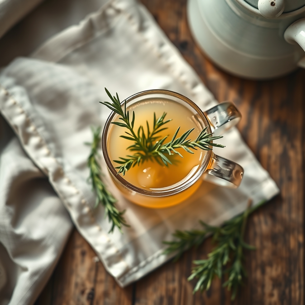 A glass mug of rosemary tea with a fresh rosemary sprig