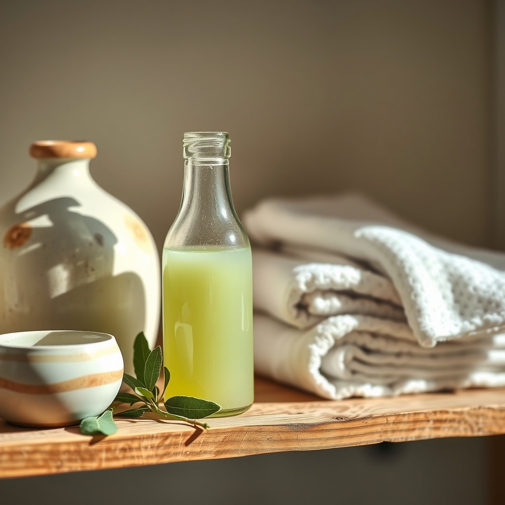A small bottle of cooled sage infusion beside fresh sage leaves and a cotton washcloth