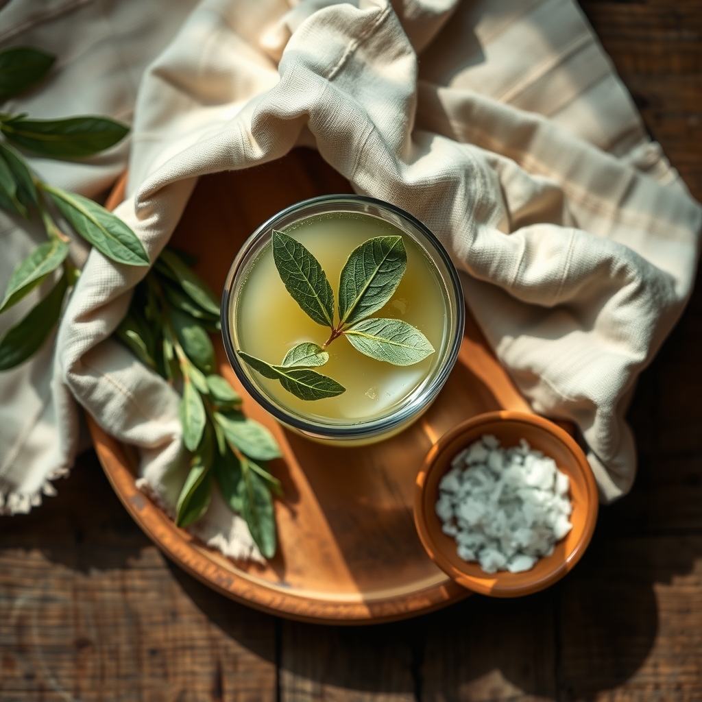 A glass of pale green sage infusion with fresh sage leaves and a small dish of salt