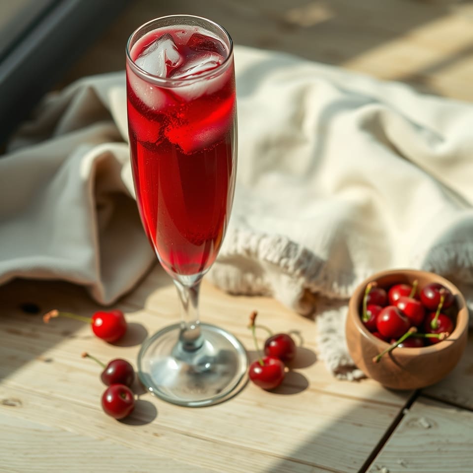 A tall glass of fizzy dark red cherry drink with ice next to a small bowl of sour cherries