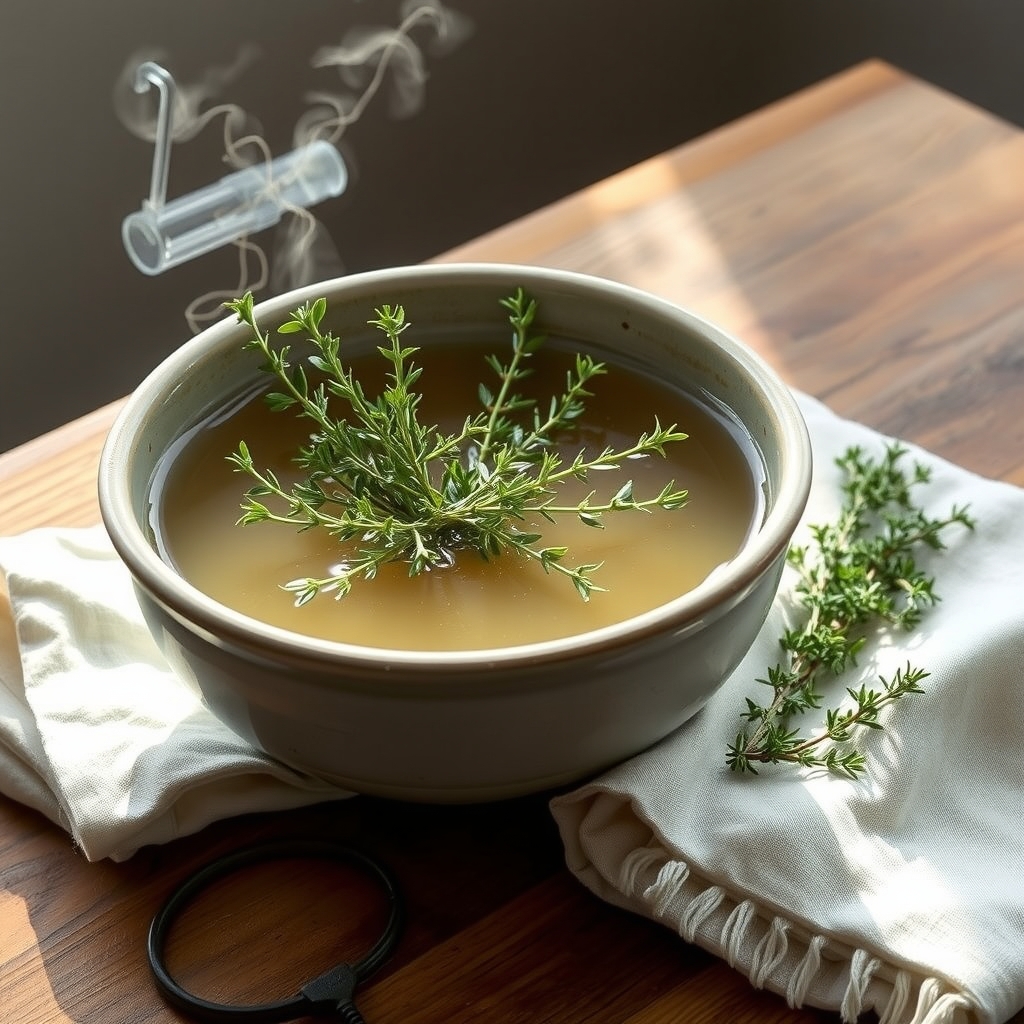 A wide bowl of steaming water with fresh thyme sprigs next to a folded towel