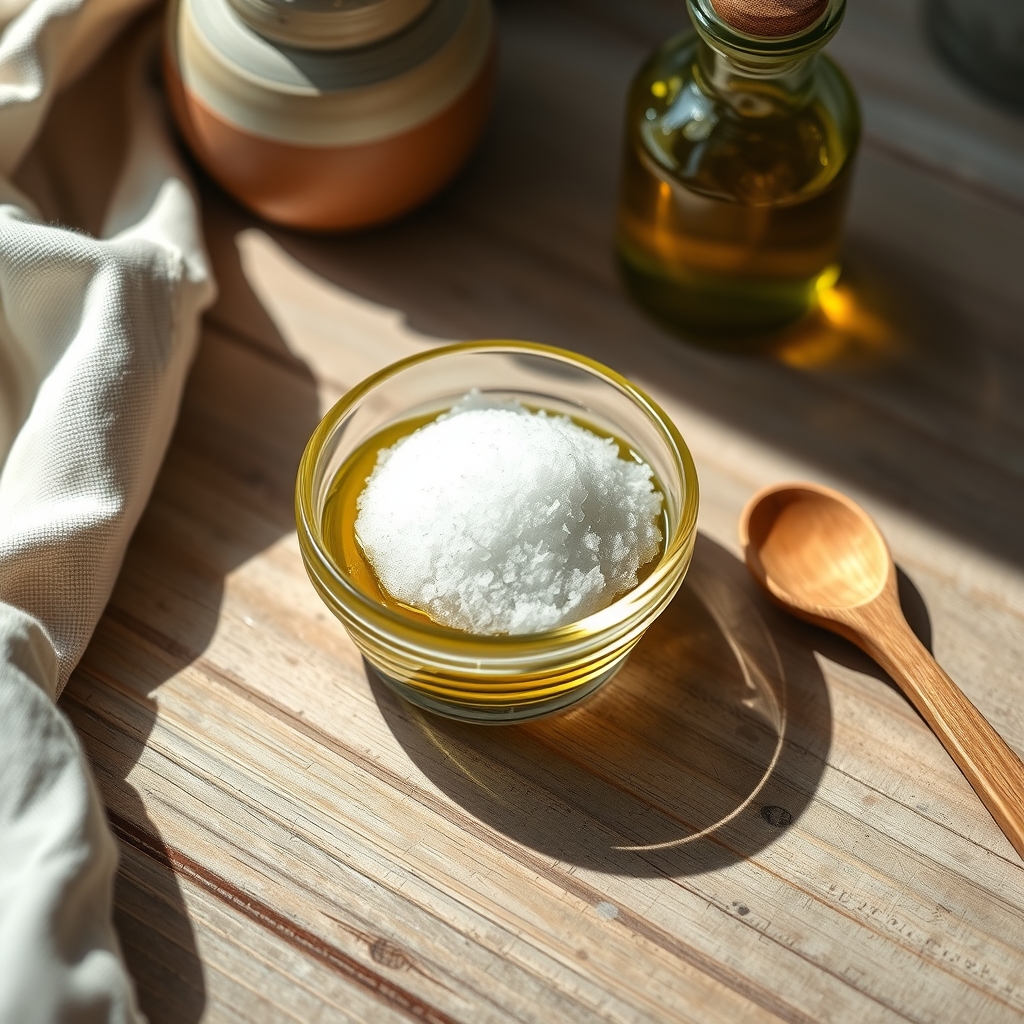 A tiny glass dish of sugar and olive oil lip scrub beside a small bottle of olive oil