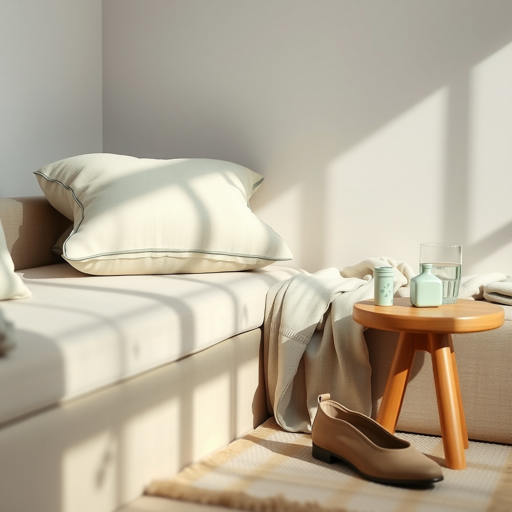 Cushions stacked on a sofa for raising the legs, with a glass of water nearby
