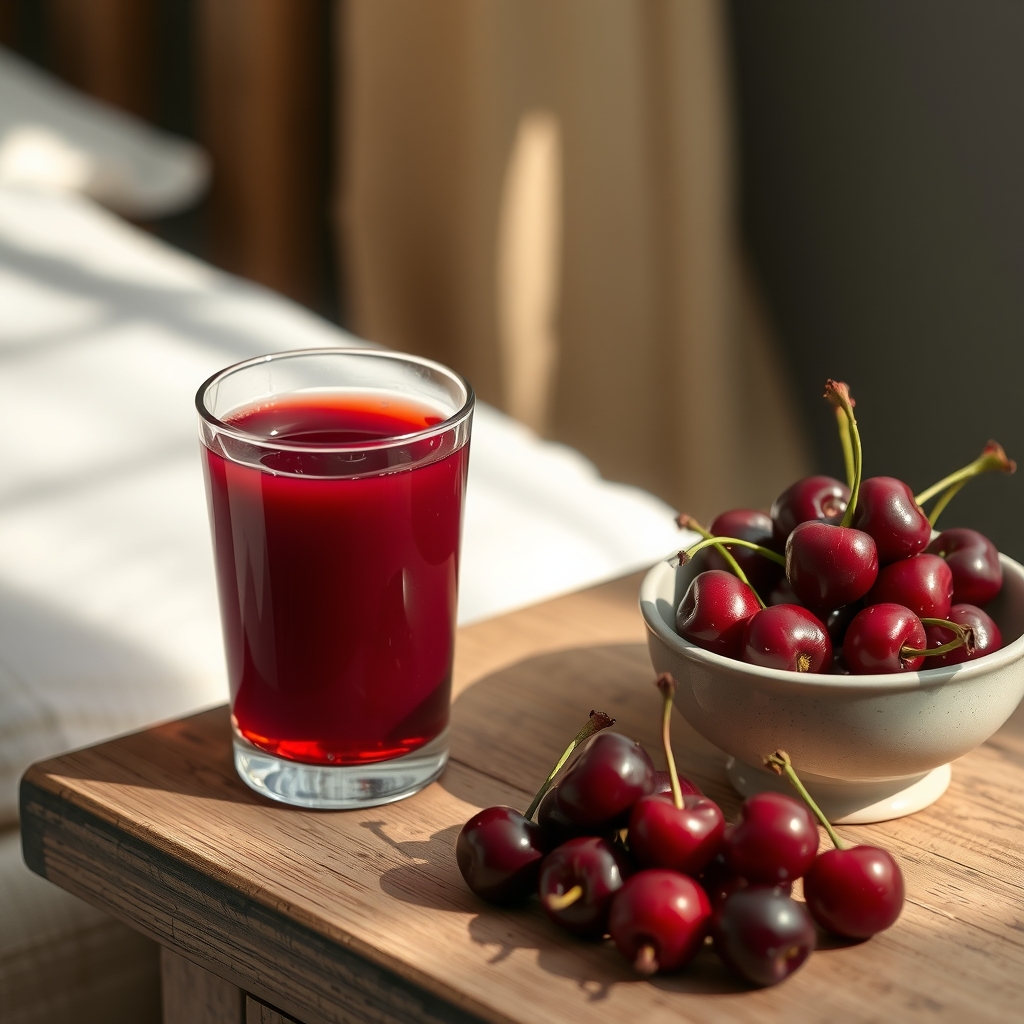 A small glass of dark red tart cherry juice next to a bowl of fresh sour cherries