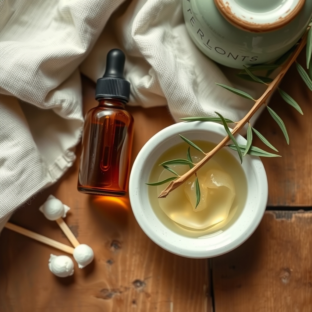 A small amber dropper bottle next to a tiny dish of gel, cotton buds and a sprig of tea tree leaves