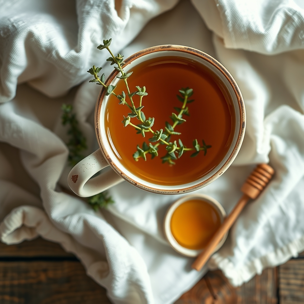 A mug of thyme tea with fresh thyme sprigs and a small dish of honey
