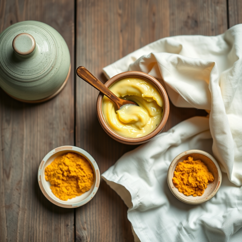 A small bowl of yellow turmeric and yogurt paste next to ground turmeric and a white cloth