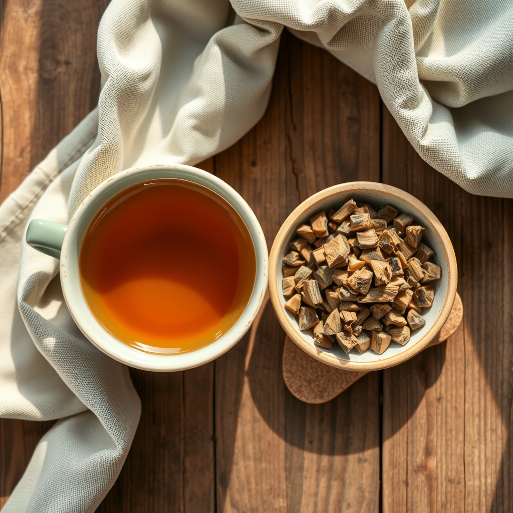 A mug of valerian root tea next to a small dish of chopped dried valerian root