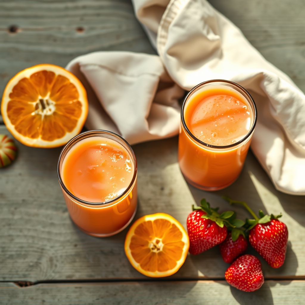 Two small glasses of orange and strawberry smoothie next to a halved orange and fresh strawberries