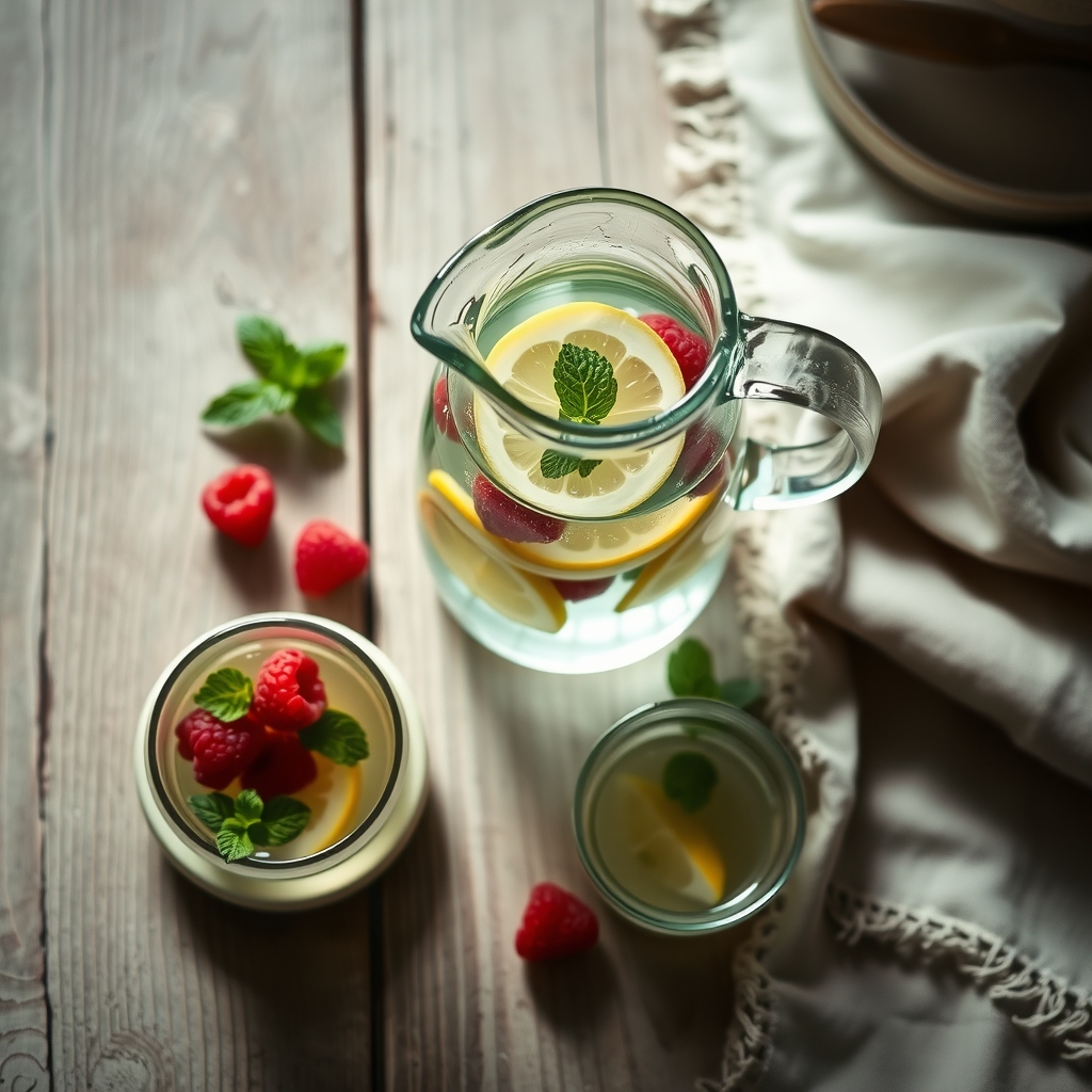 A glass jug of water with lemon slices, raspberries and mint next to two glasses